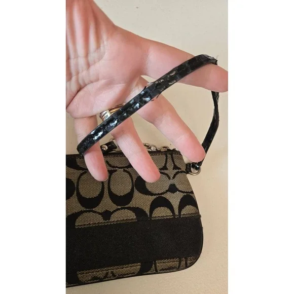 Coach Signature‎ C Monogram Wristlet Pouch Wallet Black Tan - Picture 2 of 11